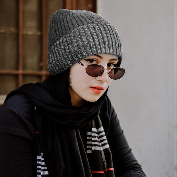 ✨ Women Grey Reflective Beanie Hat Warm Cuffed Winter Knit Hat Sports High Cap main image 4
